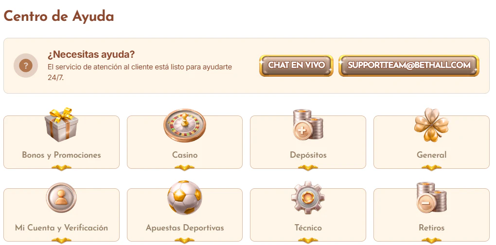 BetHall Casino atención al cliente y chat en vivo
